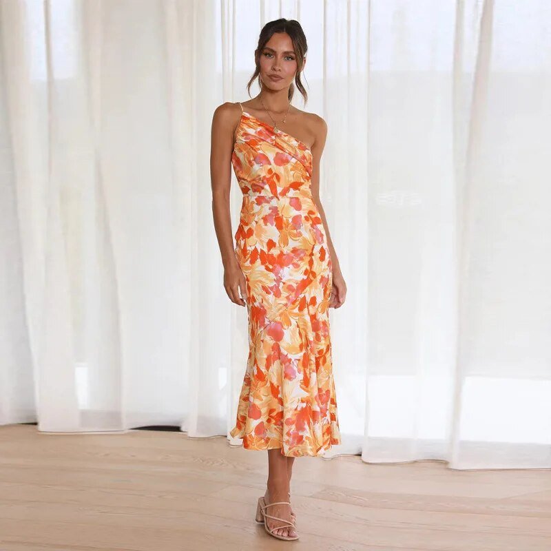 Zoraida Elegant Asymmetrical Floral Print Maxi Dress for Women