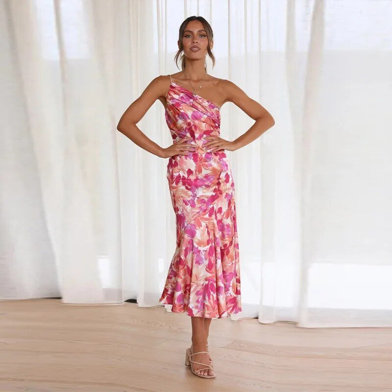 Zoraida Elegant Asymmetrical Floral Print Maxi Dress for Women