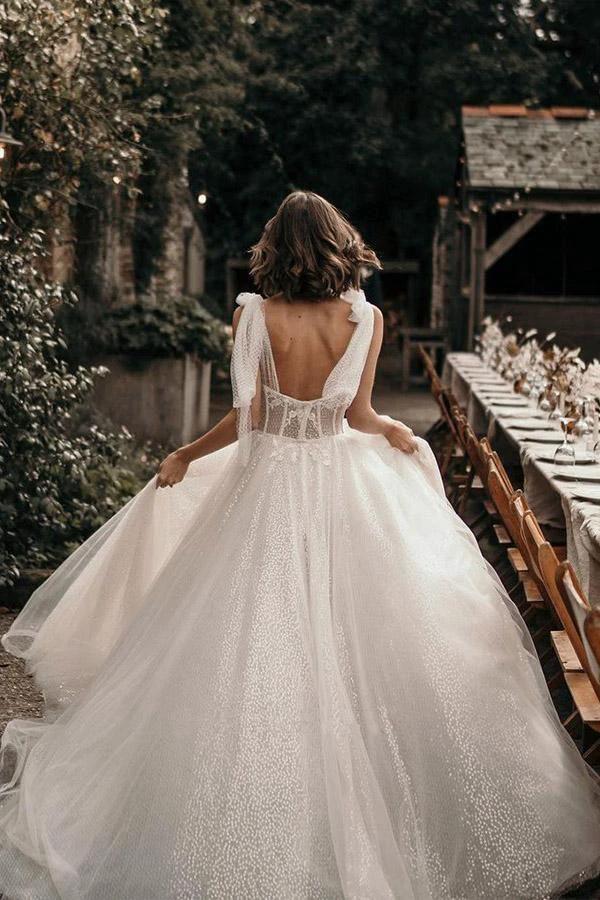 Ivory A-Line Sleeveless Sweep Train Wedding Dress With Sequins (ZD16250)