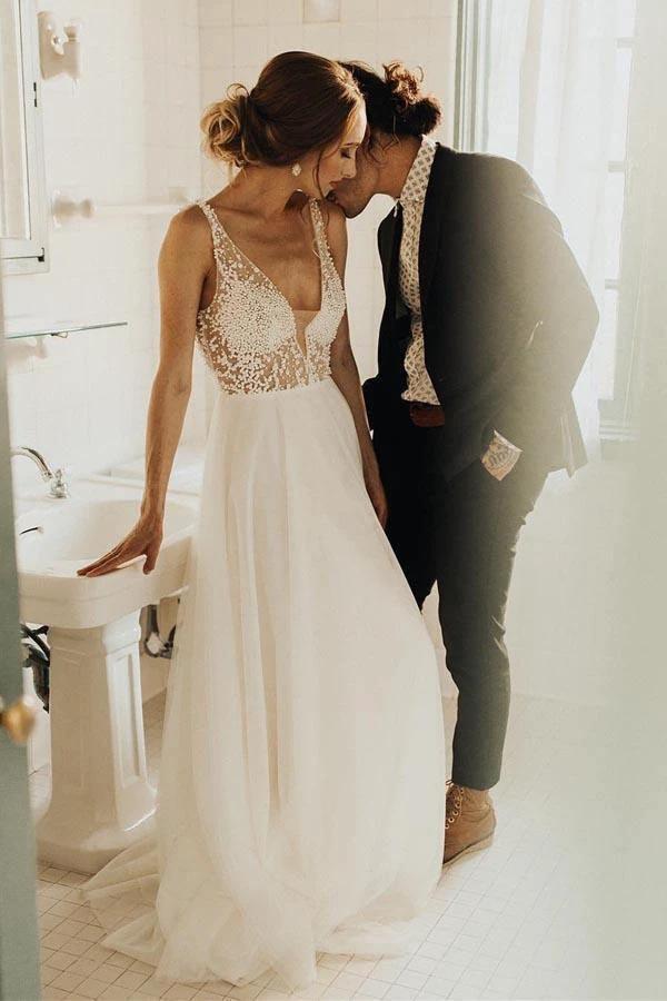 Ivory Beach Wedding Dresses See Through Pearl Beaded Wedding Dress (ZD15400) - VelvetHem