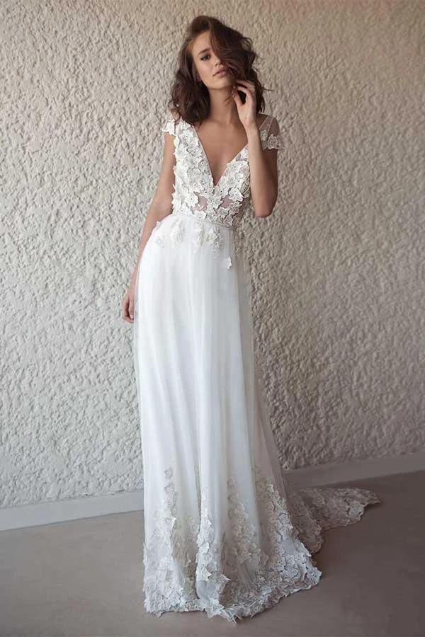 Ivory Cap Sleeve See Through Wedding Dresses Beach Bridal Dress (ZD16302) - VelvetHem