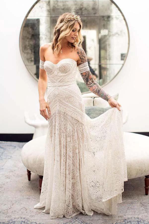 Ivory Lace Beach Wedding Dresses Sweetheart Neck Wedding Dresses (ZD16287)