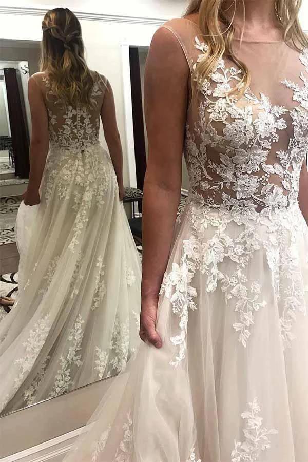 Ivory Lace Wedding Dresses See Through Applique with Court Train (ZD15399)