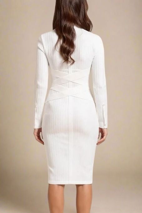 Jane Long Sleeve Bodycon Midi Dress - White Pearl