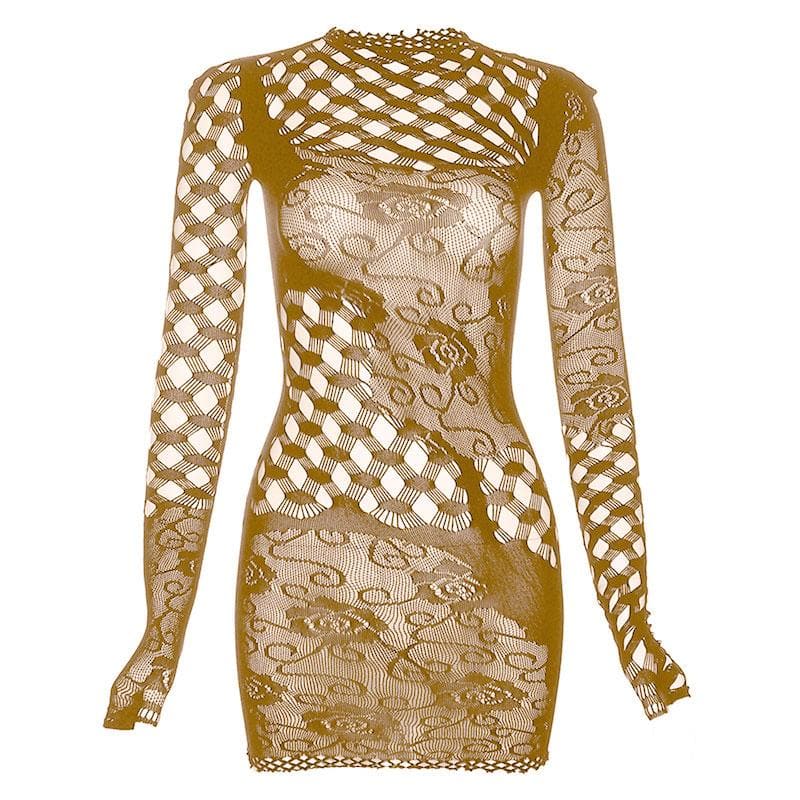 Fishnet long sleeve hollow out see through irregular mini dress