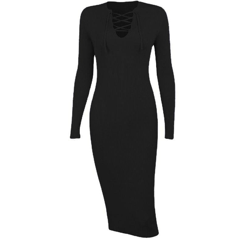 Lace up solid ribbed long sleeve notch neck mini dress