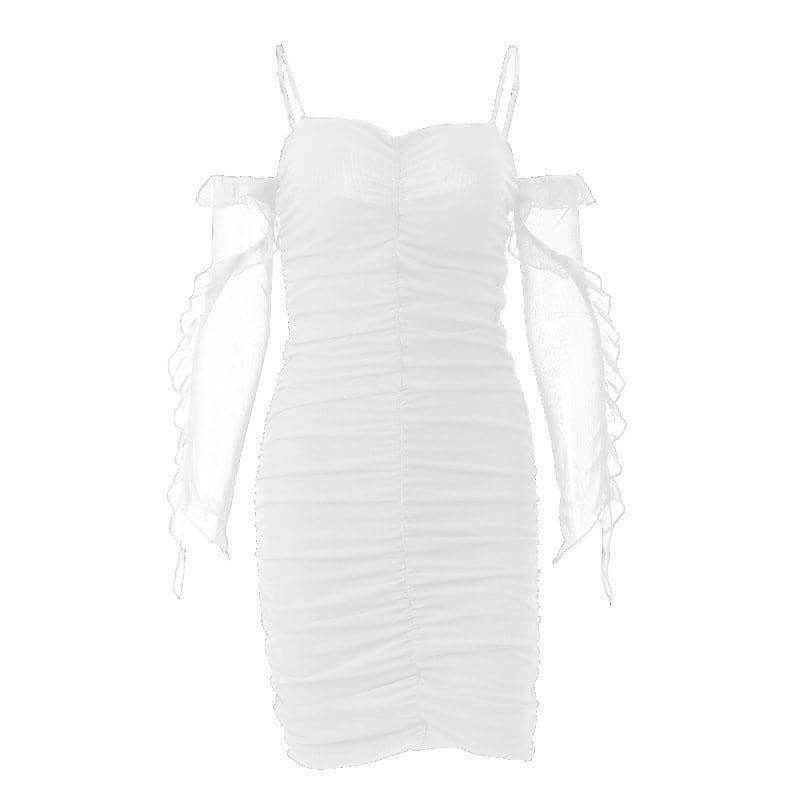 Solid ruched backless ruffle mesh mini dress