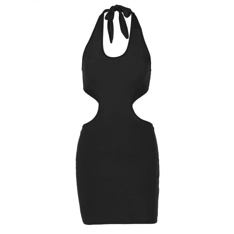 Sleeveless solid v neck halter self tie backless hollow out mini dress
