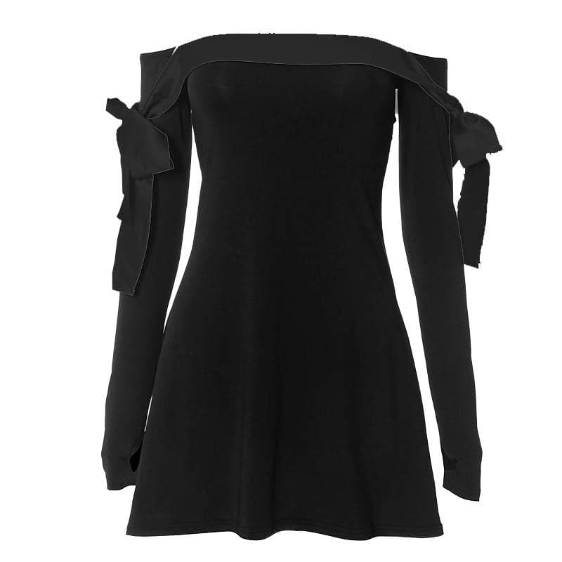 Bowknot contrast gloves long sleeve 3-way off shoulder mini dress