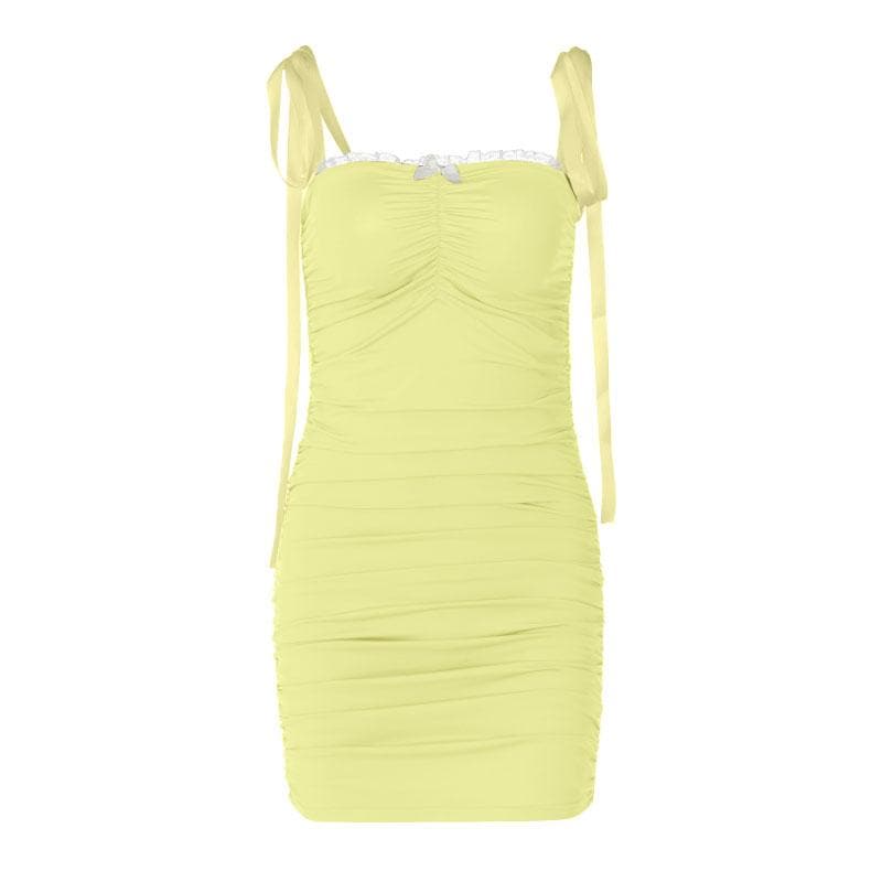 Ruched lace hem self tie square neck backless mini dress