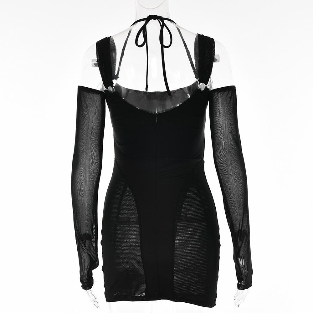 Gloves mesh corset off shoulder hollow out long sleeve halter mini dress