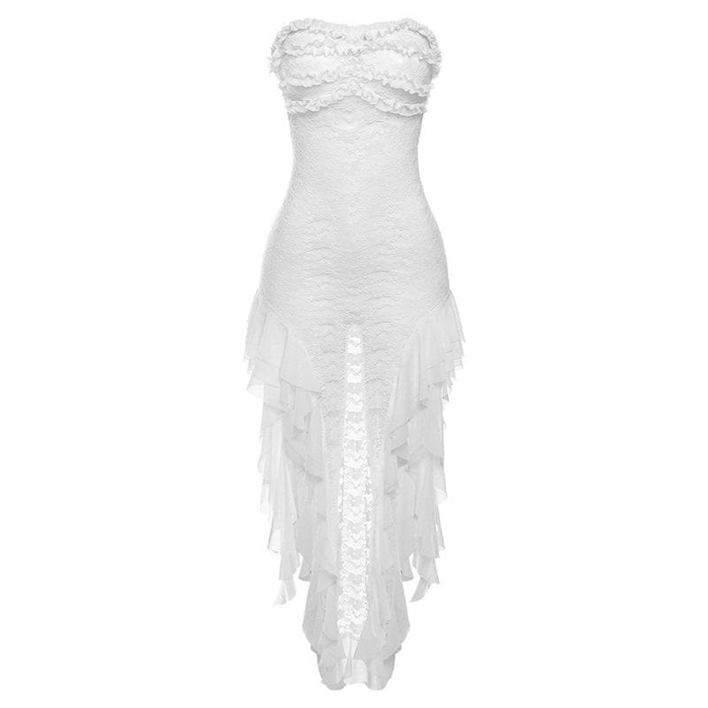 Lace see through ruffle backless slit tube midi dress