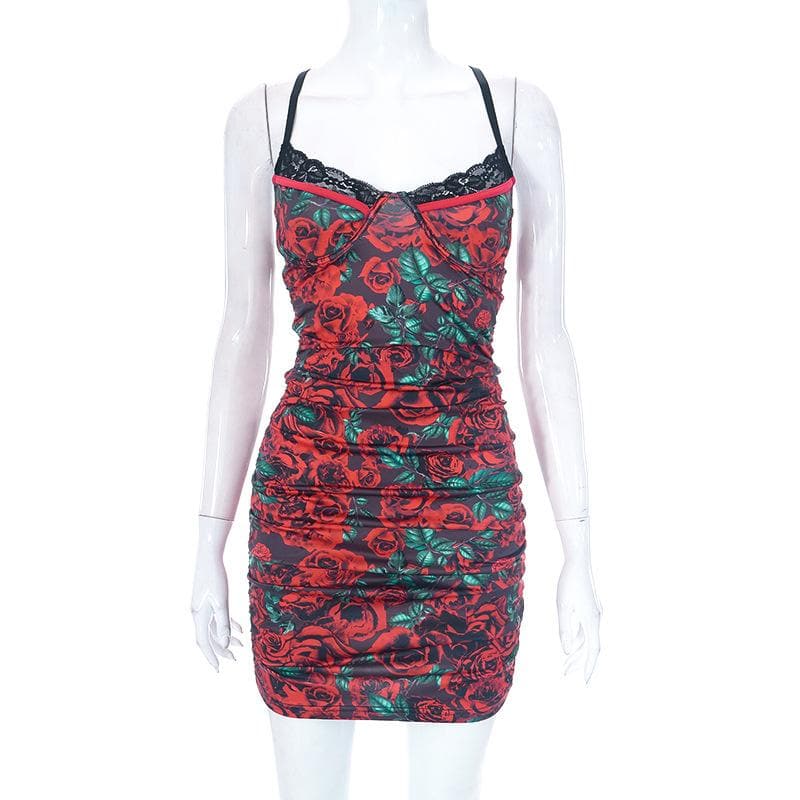 Flower print contrast lace hem cross back ruched mini dress