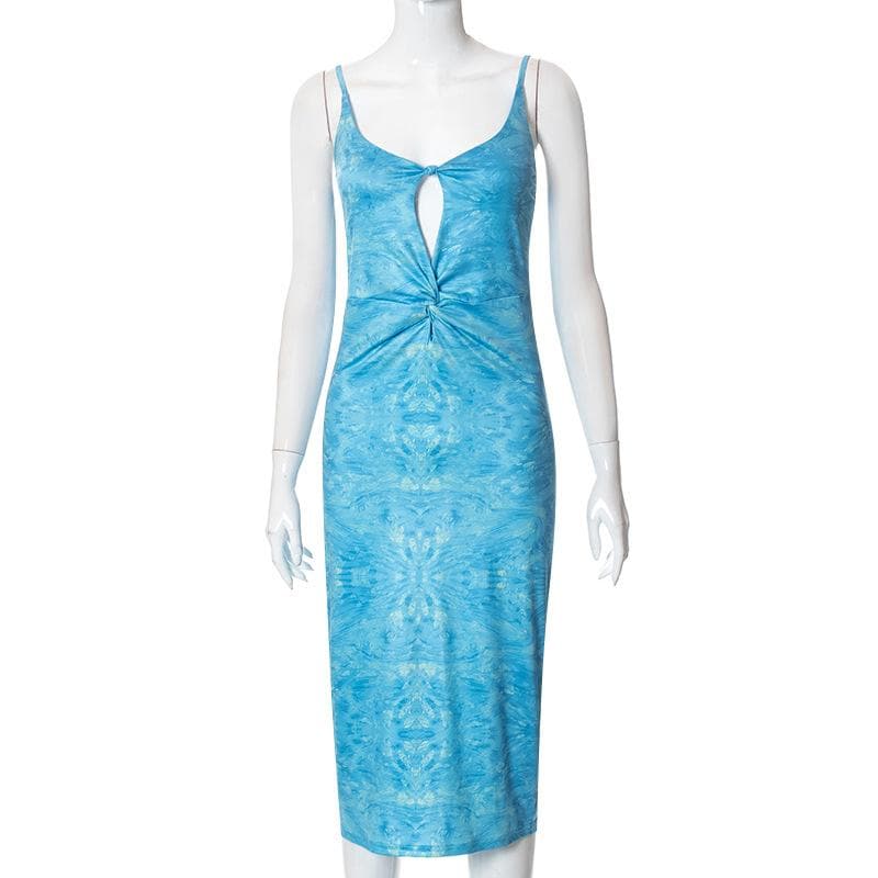 Ruched knotted slit print hollow out backless cami midi dress