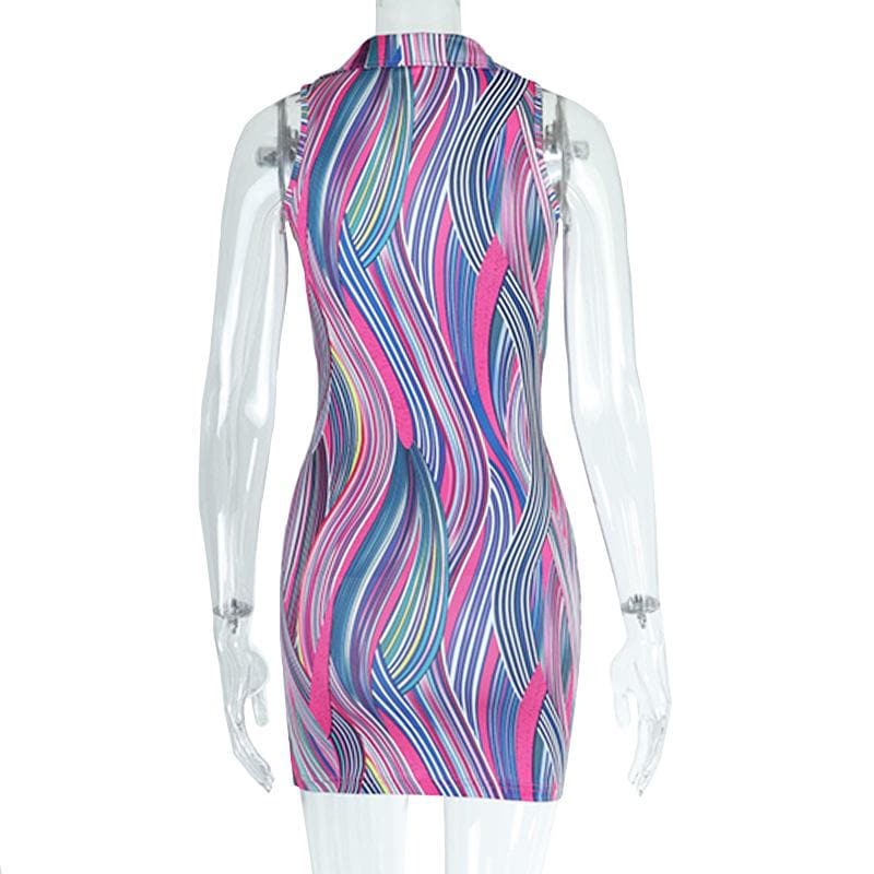 Contrast striped print turnover collar v neck sleeveless mini dress