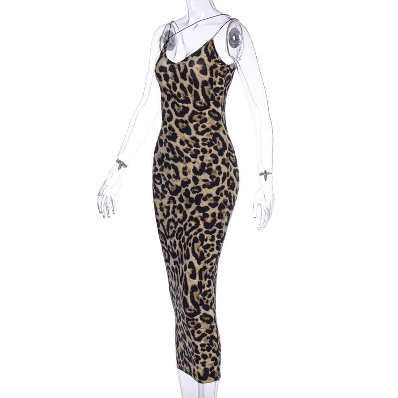 Leopard print contrast spaghetti strap u neck backless midi dress