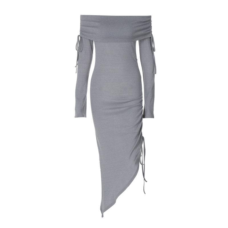 Drawstring off shoulder irregular long sleeve solid midi dress