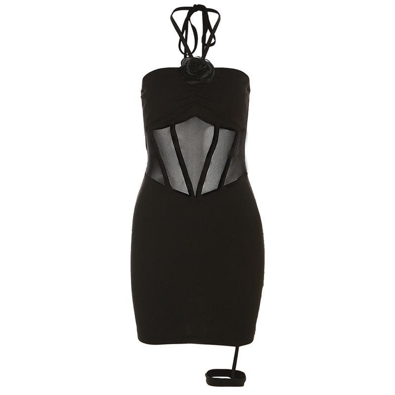 Flower applique halter mesh patchwork backless mini dress