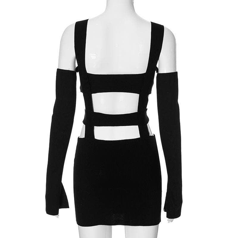 Solid hollow out off shoulder long sleeve backless mini dress