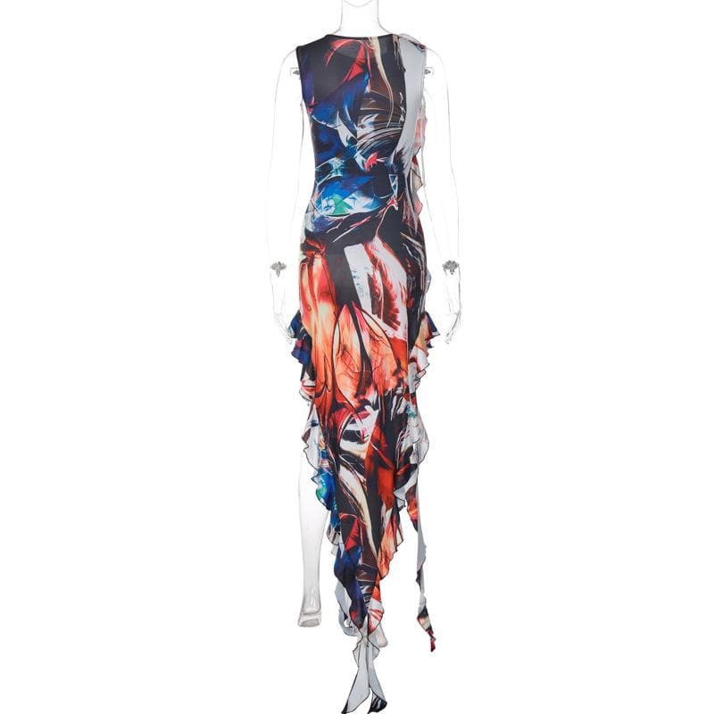 Ribbon sleeveless flower applique contrast print maxi dress