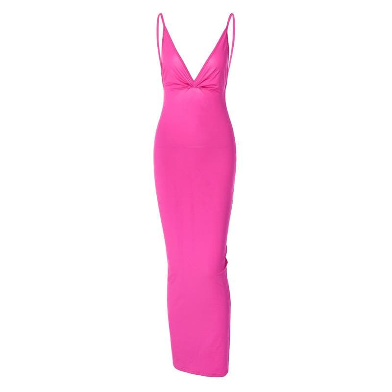 Solid v neck ruched backless cami maxi dress
