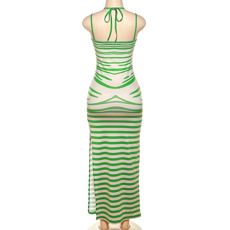 Slit halter self tie striped backless body print maxi dress