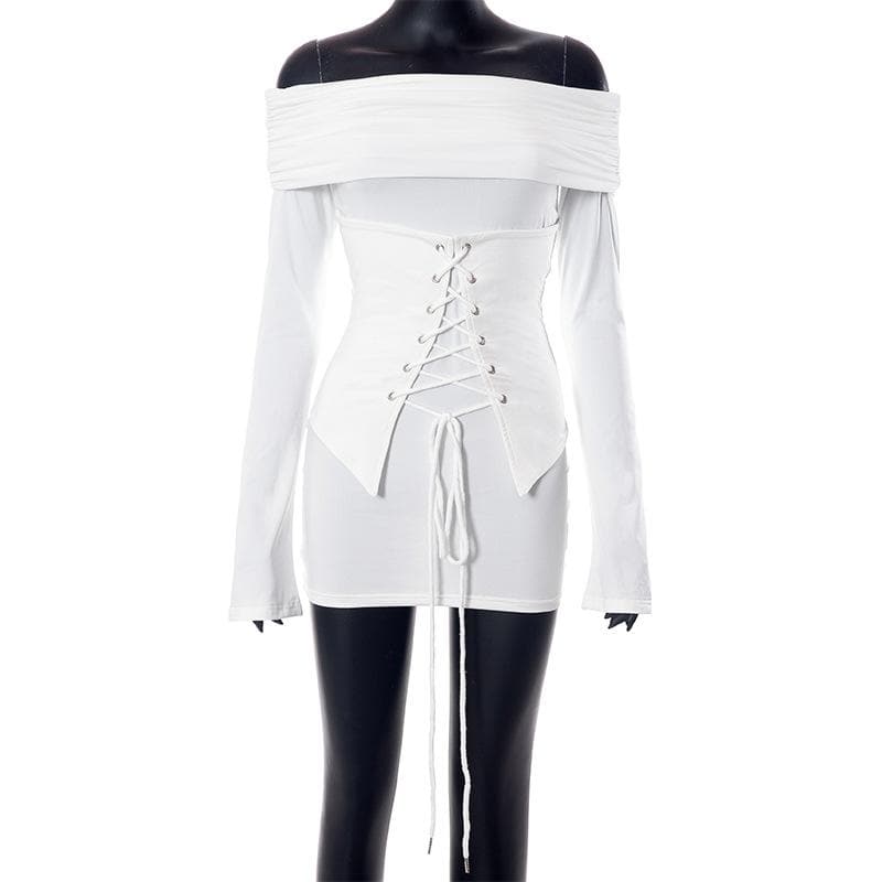 Lace up long sleeve off shoulder ruched solid mini dress