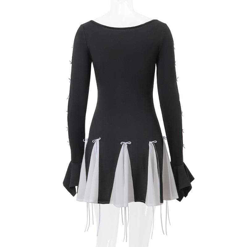 Long flared sleeve bowknot self tie u neck contrast patchwork mini dress