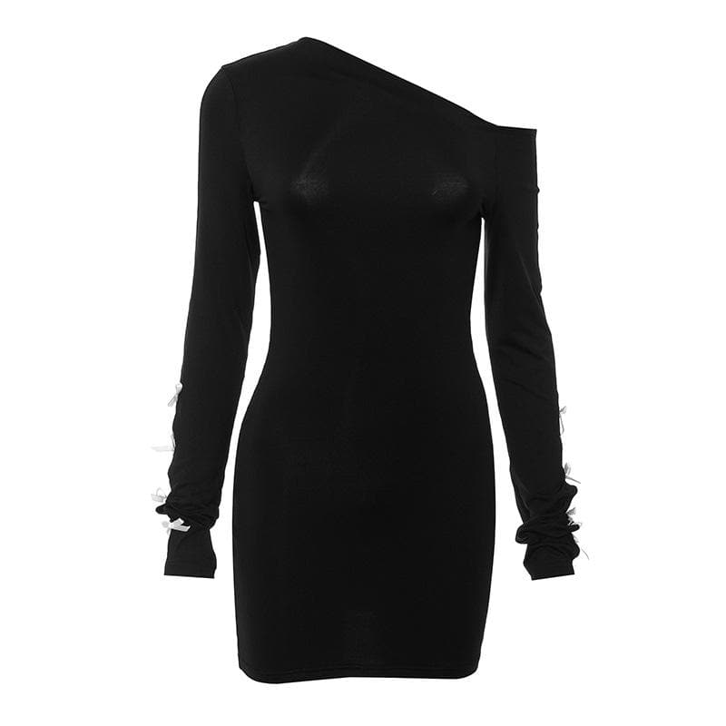 Long sleeve one shoulder irregular bowknot hollow out mini dress