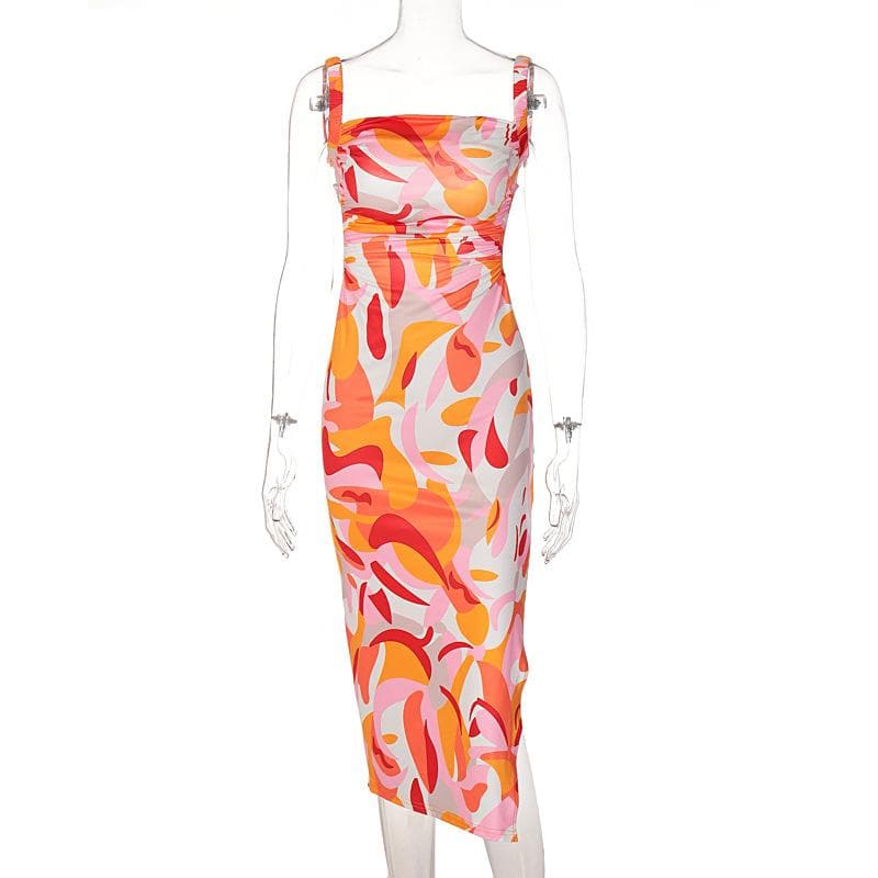 Sleeveless contrast print slit backless self tie hollow out midi dress