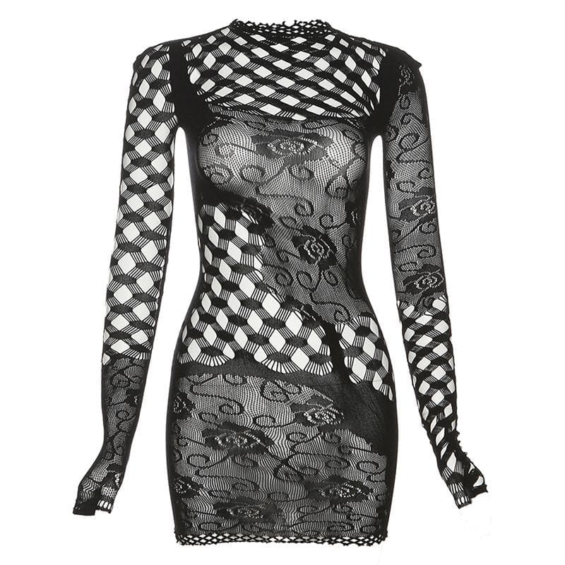 Fishnet long sleeve hollow out see through irregular mini dress