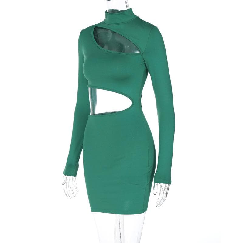 Long sleeve high neck hollow out irregular solid mini dress