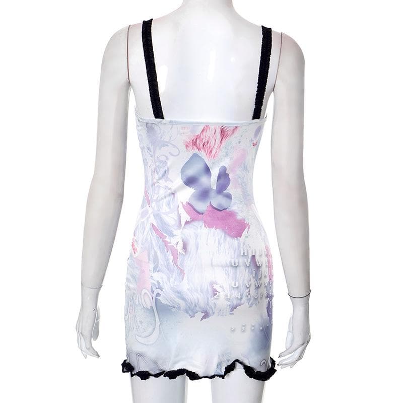 Comic pattern contrast ruffle backless square neck sleeveless mini dress