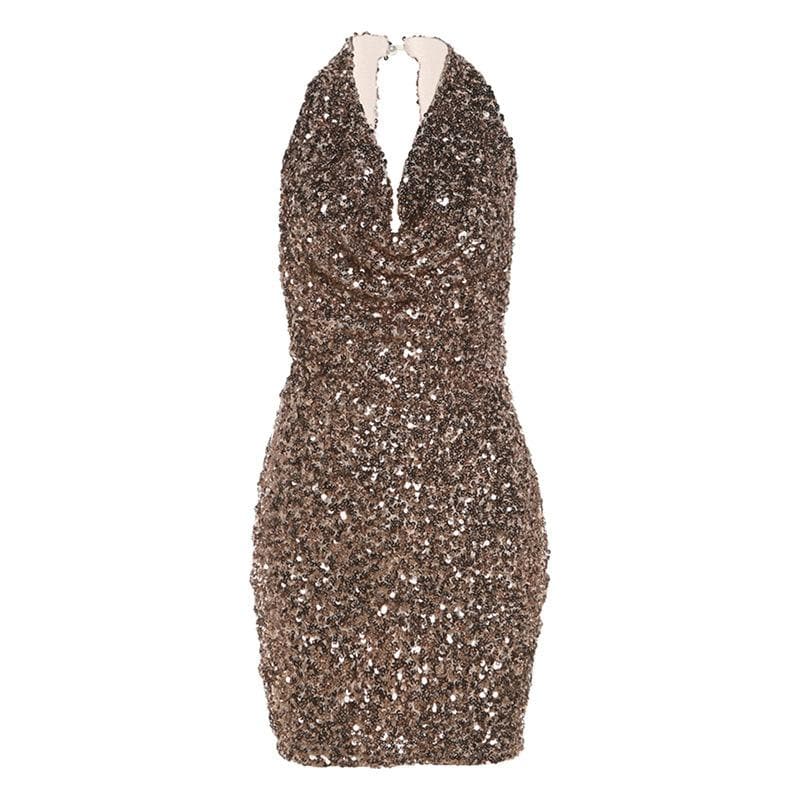 Glitter halter cowl neck ruched self tie backless mini dress