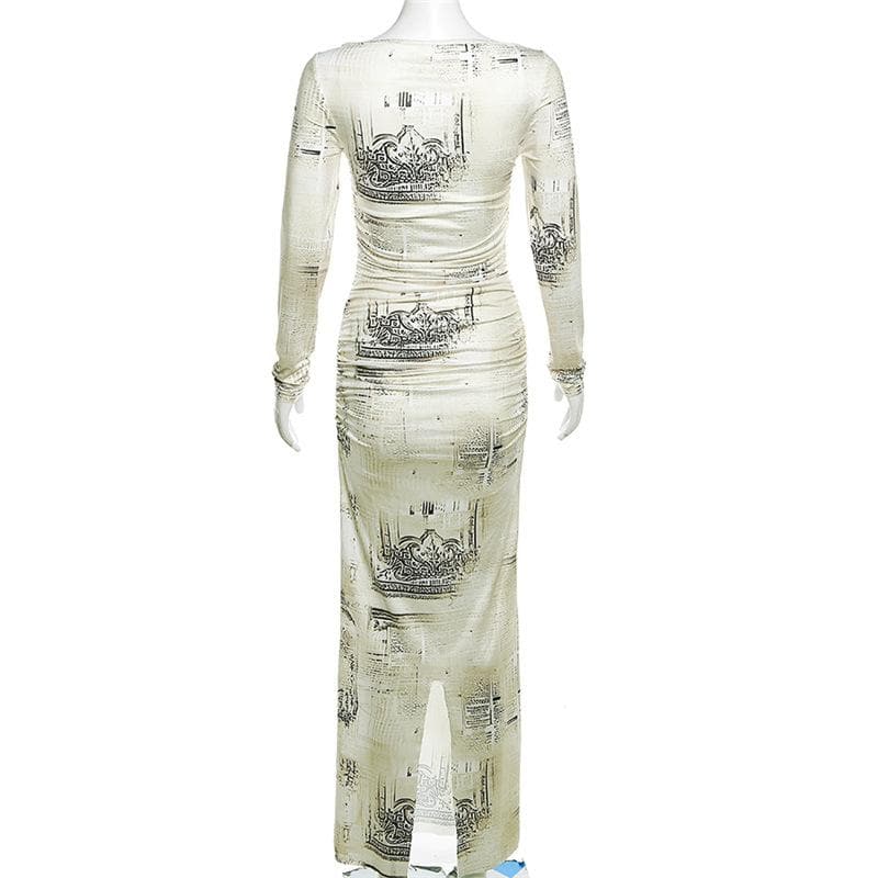 Contrast print ruched long sleeve maxi dress