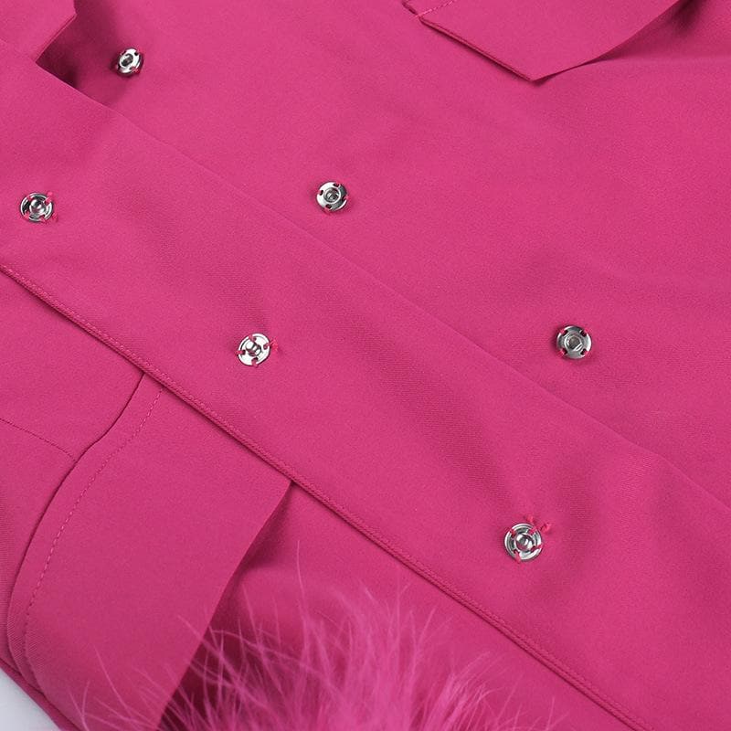 Feather turnover collar long sleeve v neck solid button mini dress