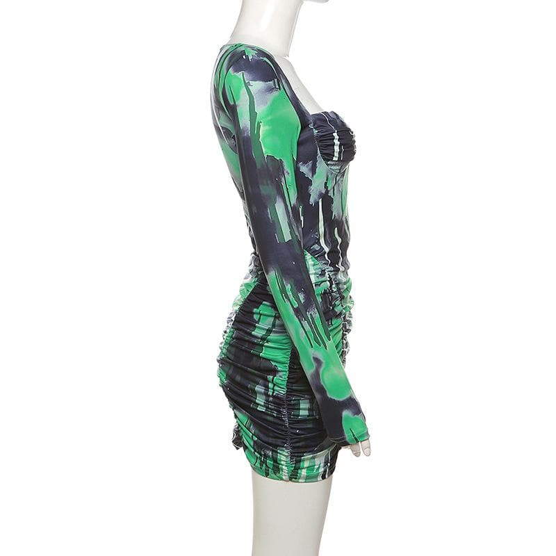Ruched contrast print long sleeve sweetheart neck mini dress