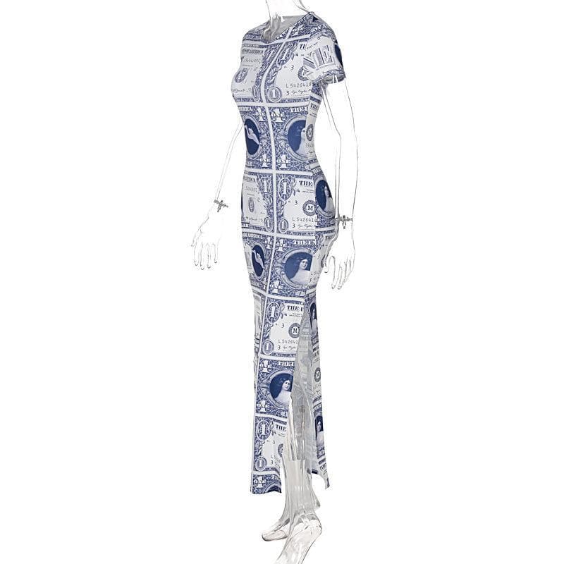 Print crewneck short sleeve slit midi dress
