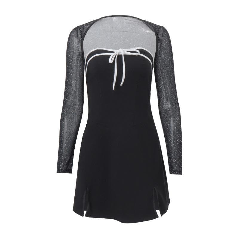 Long sleeve bowknot mesh shrug slit zip-up glitter 2 piece mini dress