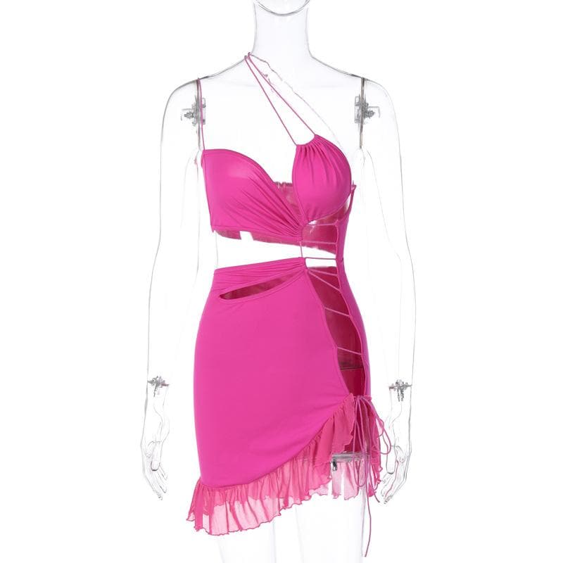 Irregular hollow out ruffle backless one shoulder spaghetti strap mini dress