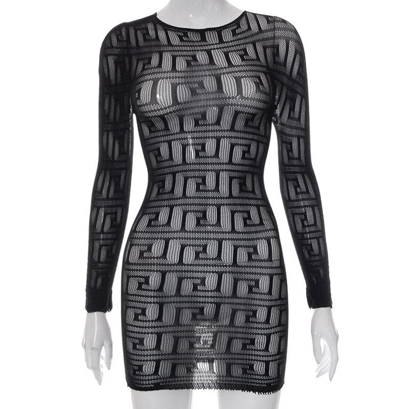 Fishnet see through long sleeve hollow out mini dress