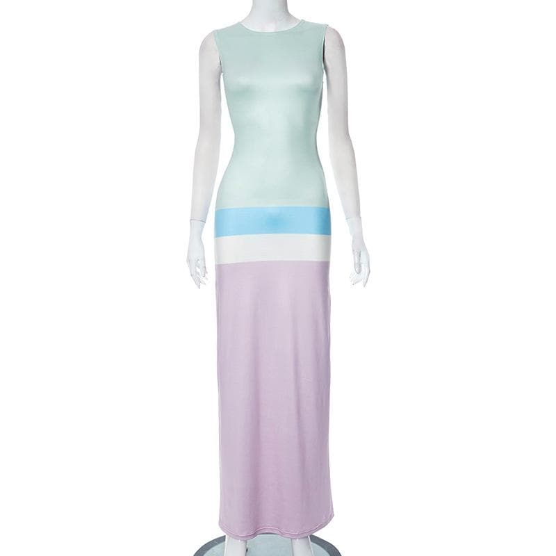 Sleeveless crewneck contrast striped maxi dress