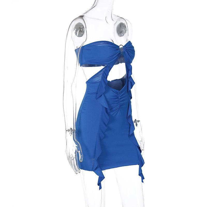 Ruched hollow out solid o ring ruffle backless tube mini dress