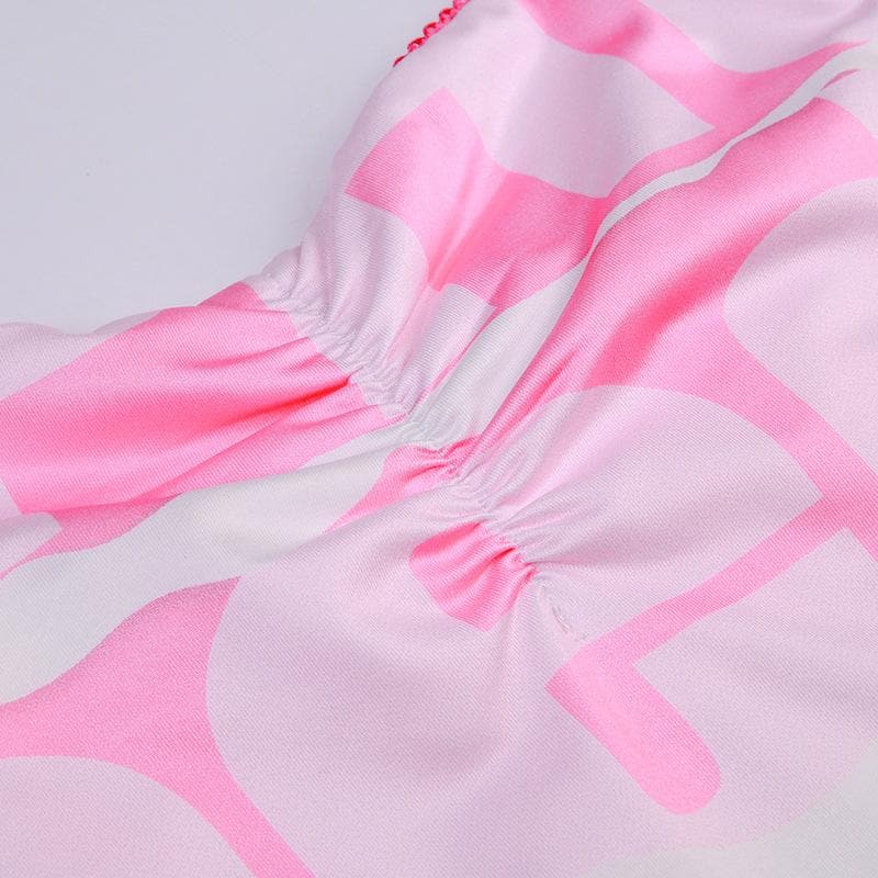 Ruched letter print spaghetti strap contrast backless mini dress
