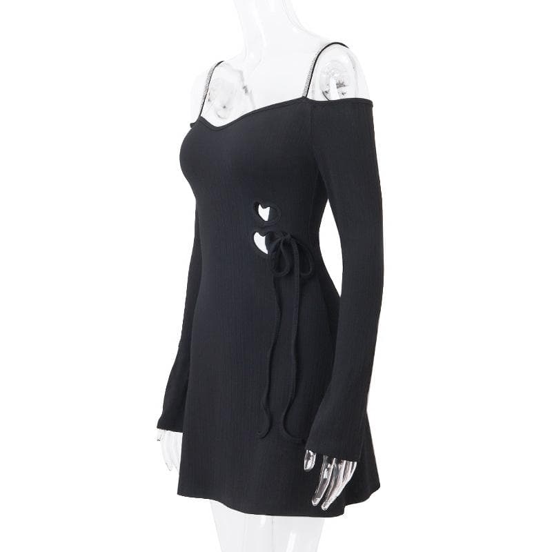 Long sleeve off shoulder textured hollow out cami mini dress - Final Sale