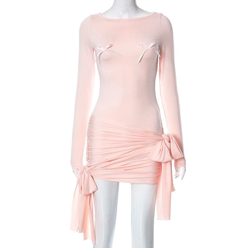 Bowknot ruched solid patchwork long sleeve self tie mini dress