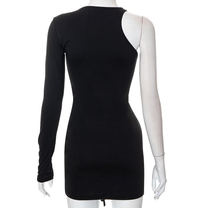 Ruched drawstring irregular solid one shoulder hollow out mini dress