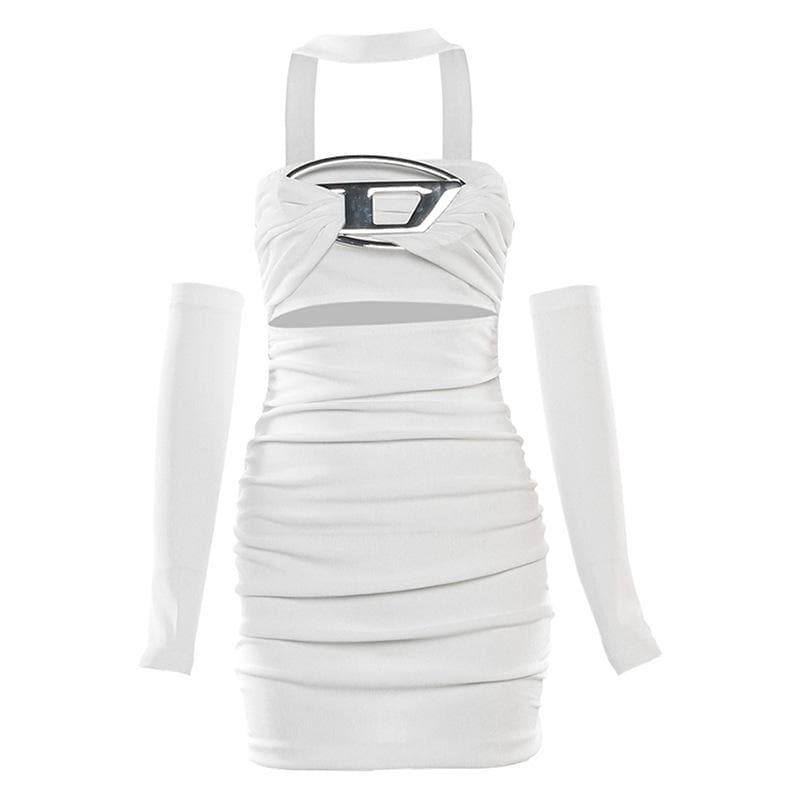Halter "D" applique ruched gloves backless mini dress