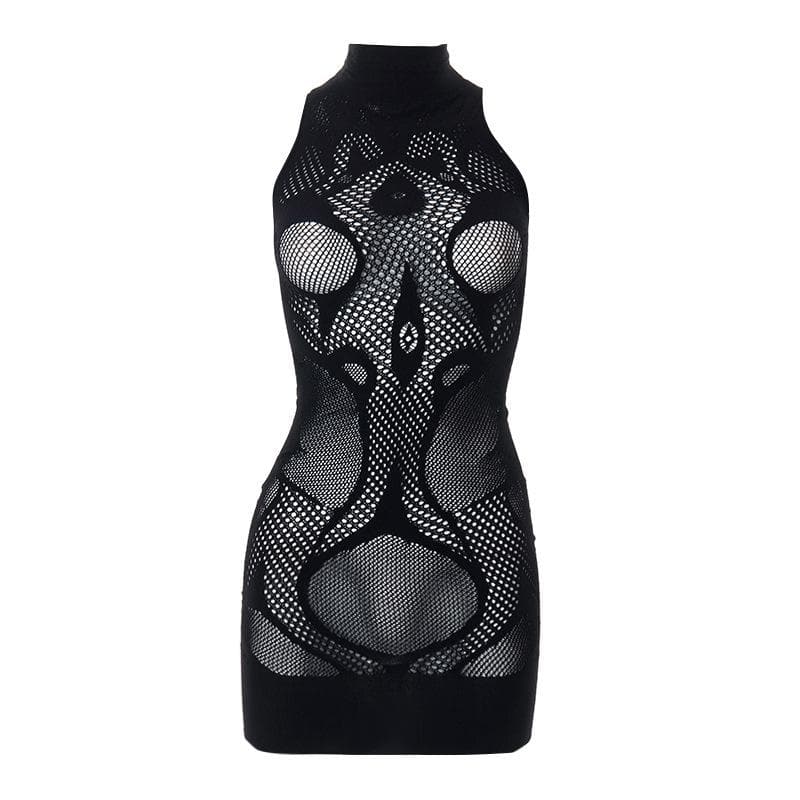 Fishnet sleeveless hollow out high neck see through mini dress