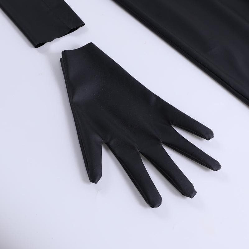 Gloves solid PU leather irregular one shoulder slit midi dress